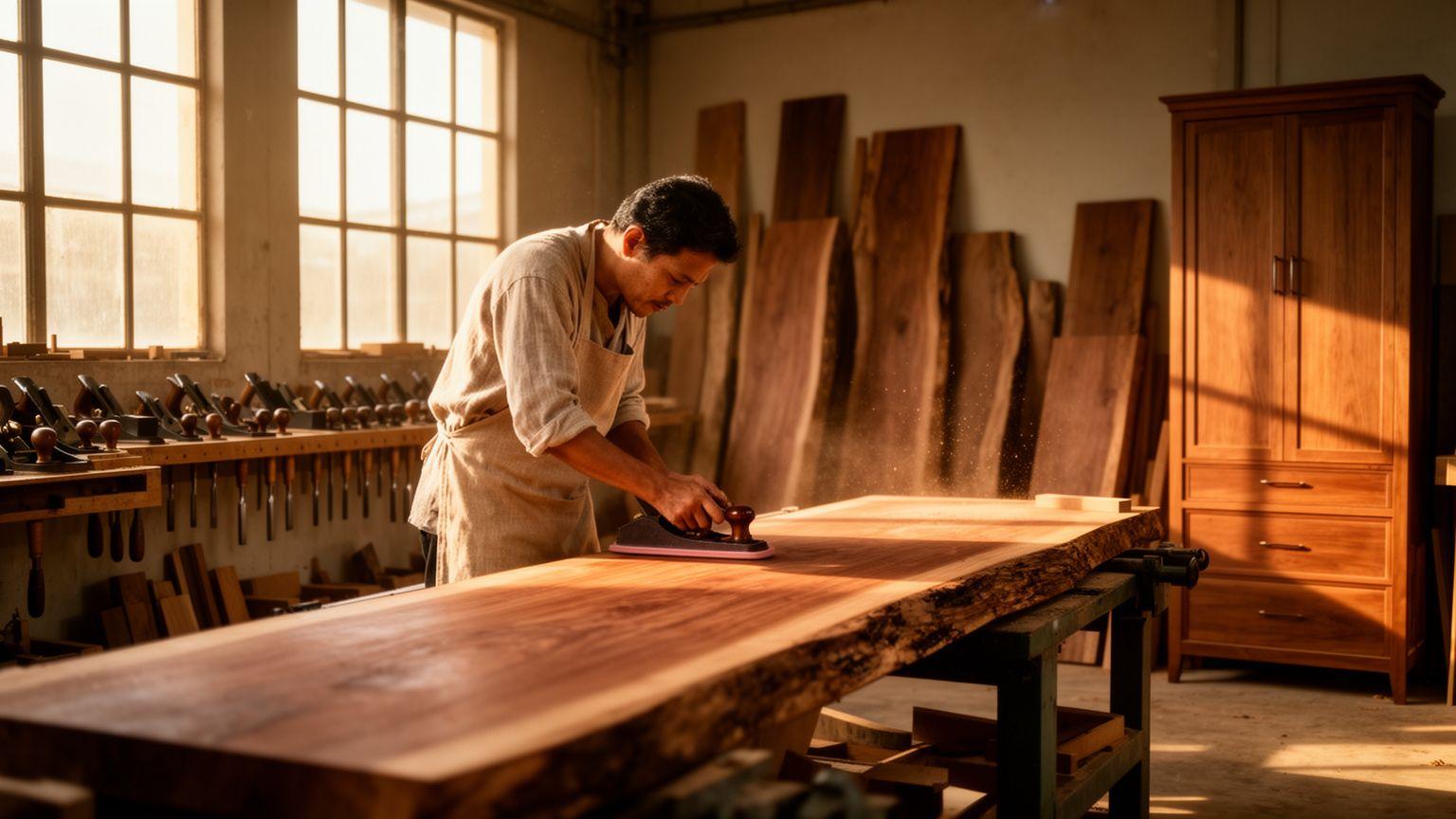 Master craftsman hand-sanding a chengal hardwood slab in the EkoVault atelier