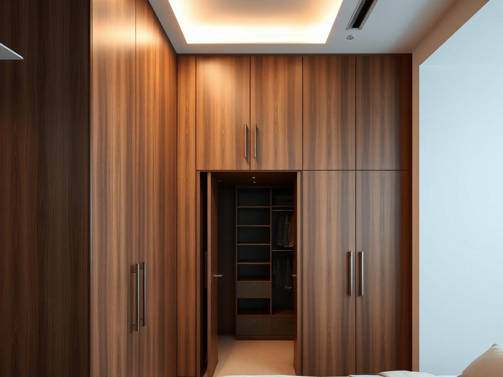 Floor-to-ceiling built-in wardrobe in walnut-toned hardwood