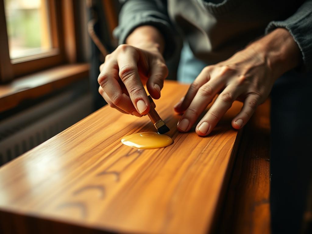 Close-up of hands applying natural beeswax to figured Malaysian hardwood