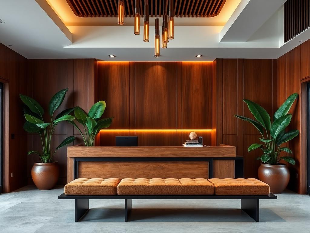 Boutique hotel lobby fit-out in dark merbau hardwood