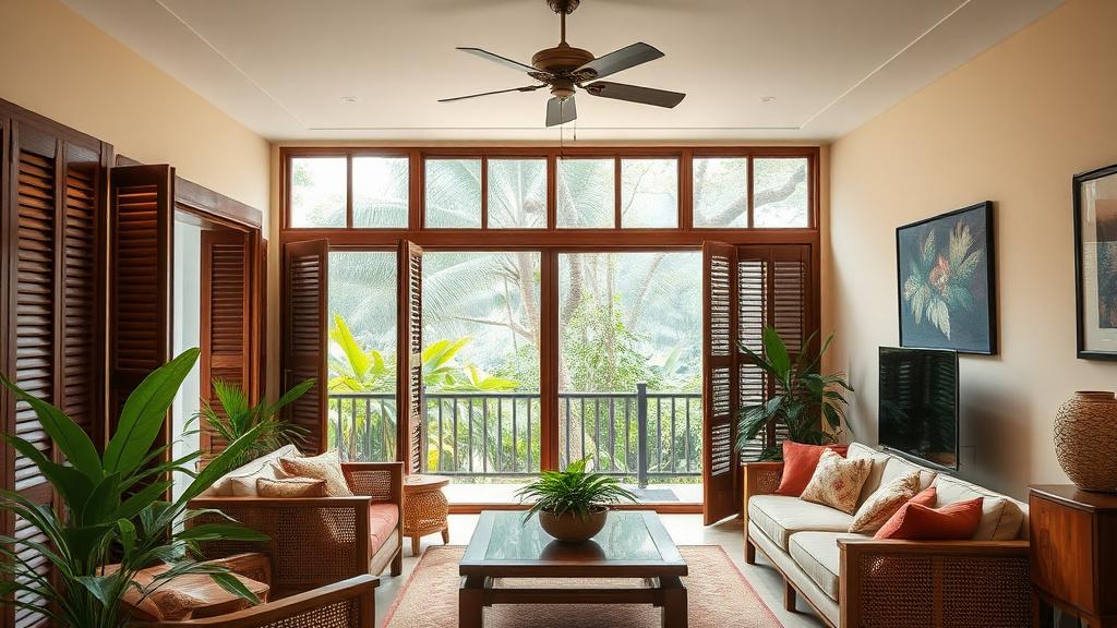 Tropical Malaysian living room with louvered shutters and hardwood furniture