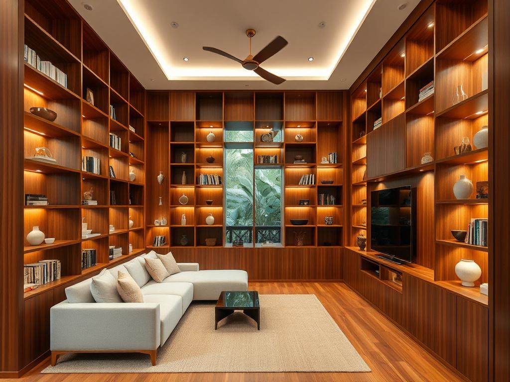 Custom built-in shelving wall in a Kuala Lumpur residence