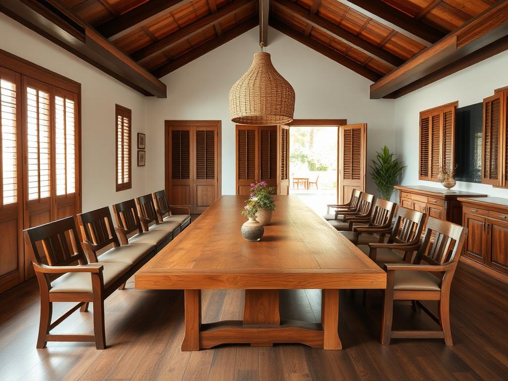 Heritage villa dining room with bespoke long timber table